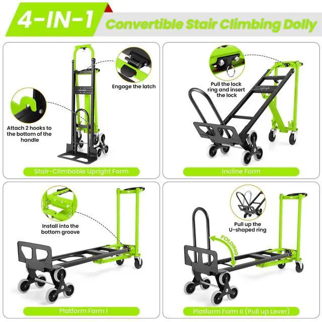 Alt view image 3 of 6 - Professional 1000LBS Stair Climbing Hand Truck, Heavy Duty 3-in-1 Aluminum Folding Dolly Cart with Solid Wheels for Office/Moving/Travel (Green)
