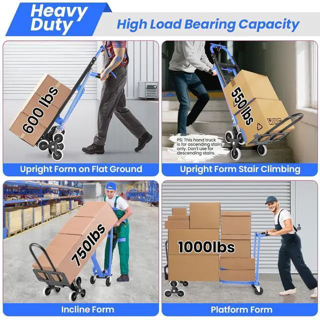 Alt view image 2 of 6 - 1000LBS Convertible Hand Truck, Heavy Duty Foldable Aluminum Stair Climbing Dolly with Solid Wheels for Moving/Office/Travel (Blue)