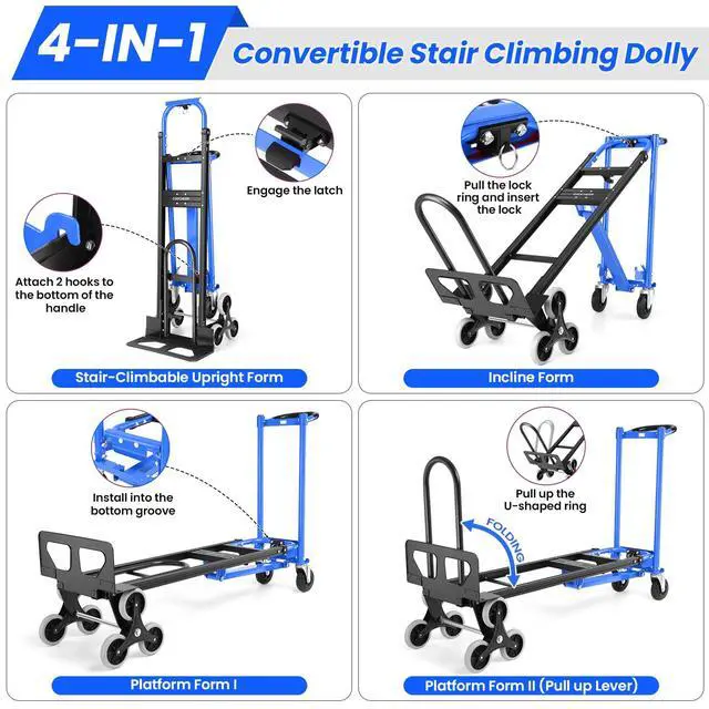Alt view image 3 of 6 - 1000LBS Convertible Hand Truck, Heavy Duty Foldable Aluminum Stair Climbing Dolly with Solid Wheels for Moving/Office/Travel (Blue)