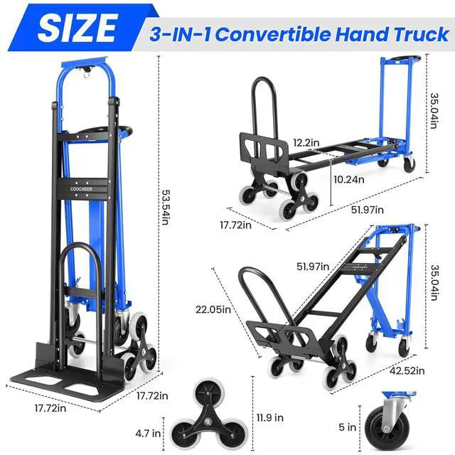 Alt view image 5 of 6 - 1000LBS Convertible Hand Truck, Heavy Duty Foldable Aluminum Stair Climbing Dolly with Solid Wheels for Moving/Office/Travel (Blue)