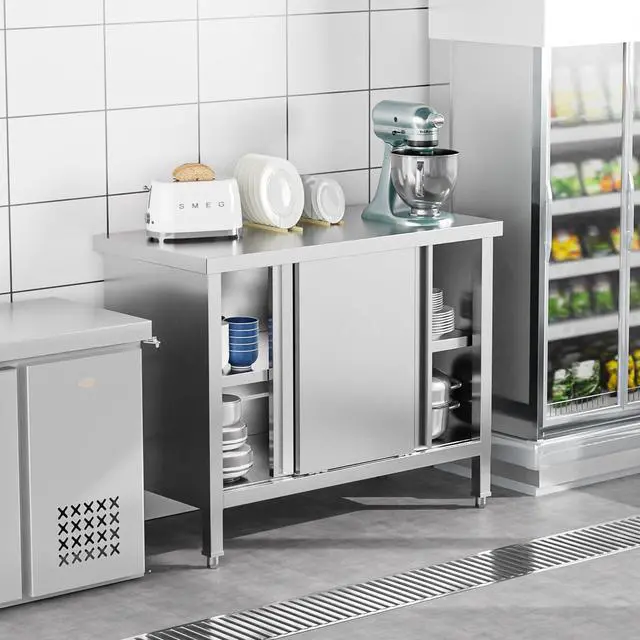 Alt view image 2 of 5 - Stainless Steel Table with Cabinet 39 x 19 inches, NSF Commercial Heavy Duty Prep & Work Table with 2 Sliding Doors for Kitchen, Restaurant, Home, Hotel, Garage, Laundry