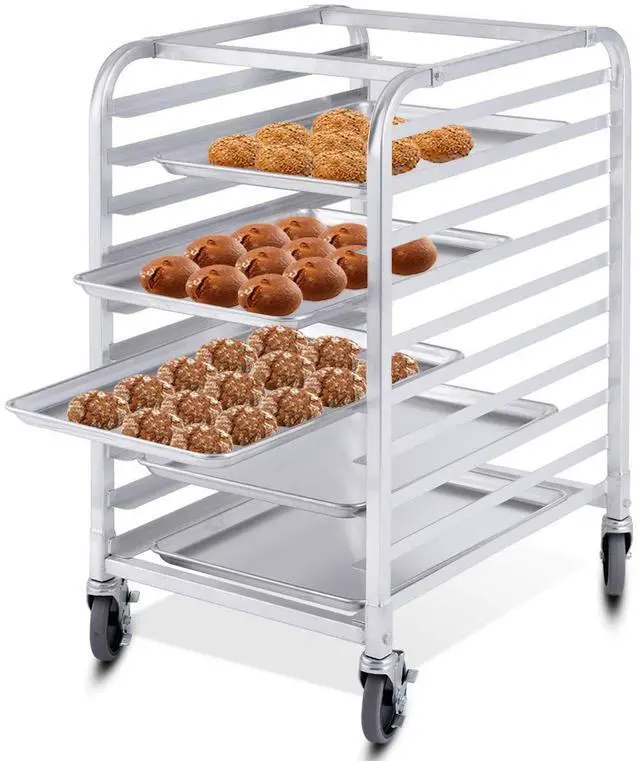 Main image of 10 Tier Aluminum Bakery Rack, Commercial Kitchen Bun Pan Sheet Pan Rack, Mobile Bakers Trolley with Storage Cooling Racks and Lockable Casters