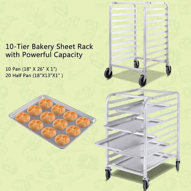 Alt view image 2 of 6 - 10 Tier Aluminum Bakery Rack, Commercial Kitchen Bun Pan Sheet Pan Rack, Mobile Bakers Trolley with Storage Cooling Racks and Lockable Casters