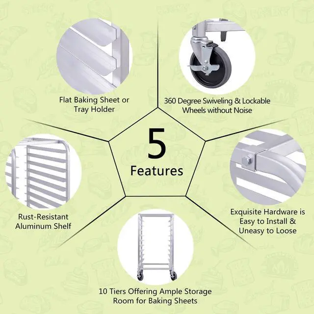 Alt view image 3 of 6 - 10 Tier Aluminum Bakery Rack, Commercial Kitchen Bun Pan Sheet Pan Rack, Mobile Bakers Trolley with Storage Cooling Racks and Lockable Casters