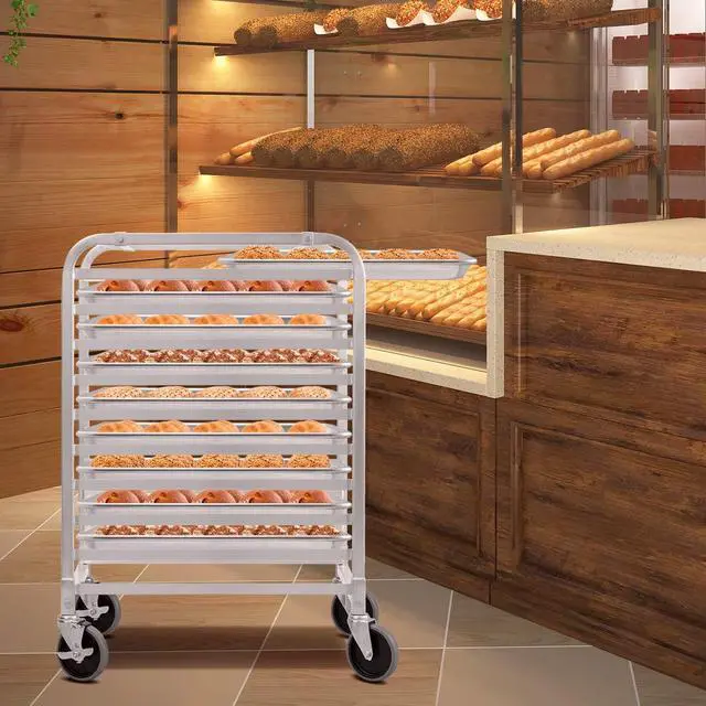 Alt view image 5 of 6 - 10 Tier Aluminum Bakery Rack, Commercial Kitchen Bun Pan Sheet Pan Rack, Mobile Bakers Trolley with Storage Cooling Racks and Lockable Casters