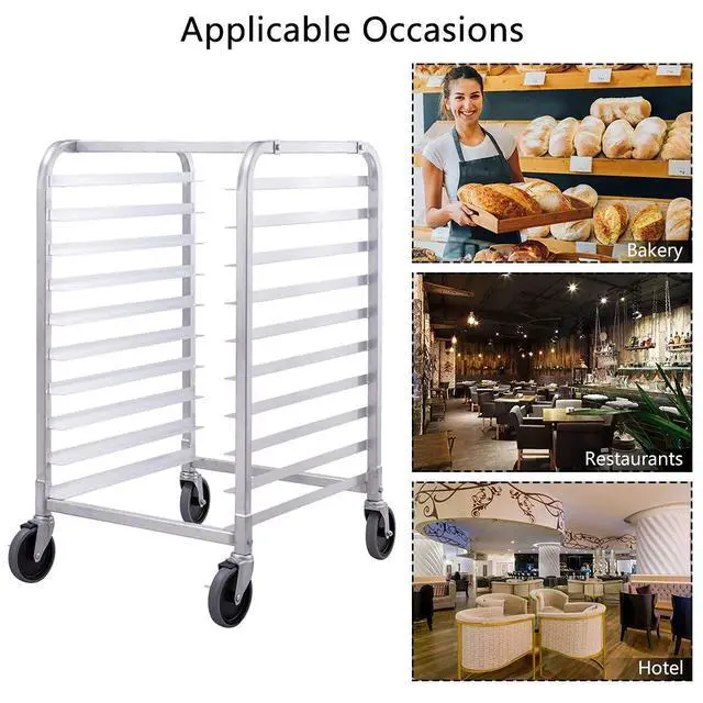 Alt view image 6 of 6 - 10 Tier Aluminum Bakery Rack, Commercial Kitchen Bun Pan Sheet Pan Rack, Mobile Bakers Trolley with Storage Cooling Racks and Lockable Casters
