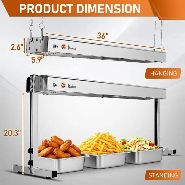 Alt view image 2 of 6 - 36 inch Food Heating Lamp, 1000W Commercial Food Heat Lamp, Hanging & Freestanding Stainless Steel Infrared Strip Heater, Food Warming Lamp Restaurant Equipment for Restaurant Kitchen Cafeteria