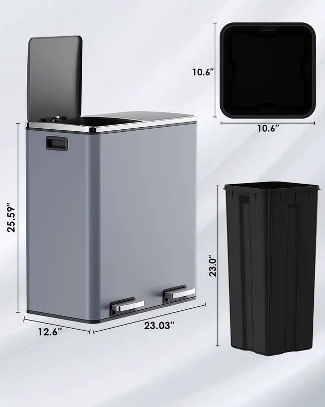 Alt view image 2 of 6 - Dual Trash Can, 2 x 8 Gallon (2 x 30 L) Hands-Free Trash and Recycle Bin Combo, Stainless Steel Kitchen Garbage Can with Soft-Close Lid, Removable Inner Buckets, Step Pedal, Airtight (Grey)