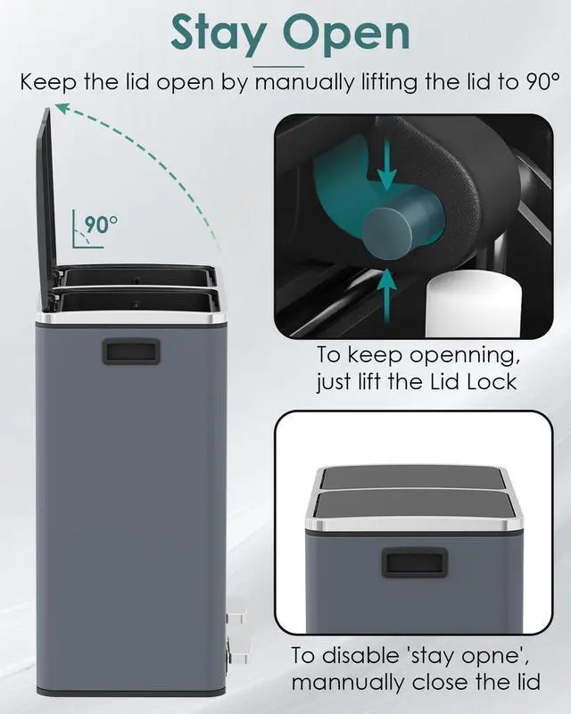 Alt view image 5 of 6 - Dual Trash Can, 2 x 8 Gallon (2 x 30 L) Hands-Free Trash and Recycle Bin Combo, Stainless Steel Kitchen Garbage Can with Soft-Close Lid, Removable Inner Buckets, Step Pedal, Airtight (Grey)