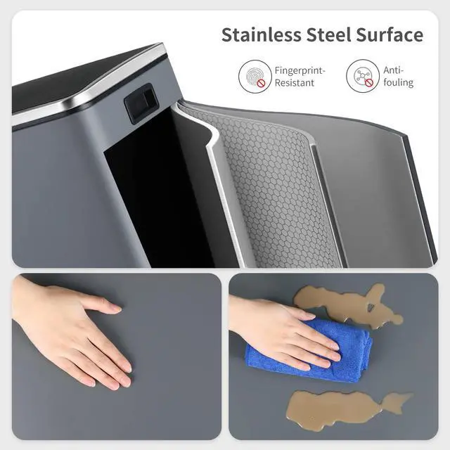 Alt view image 6 of 6 - Dual Trash Can, 2 x 8 Gallon (2 x 30 L) Hands-Free Trash and Recycle Bin Combo, Stainless Steel Kitchen Garbage Can with Soft-Close Lid, Removable Inner Buckets, Step Pedal, Airtight (Grey)