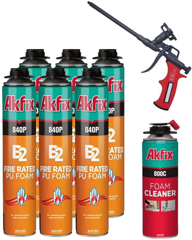 Main image of 840P Fire Block Spray Foam (6x25.3 Oz.) - Orange Color Fire Retardant Polyurethane Expanding Foam Sealing on Window and Door, Paintable | Gun Use, Gun&Cleaner Included | 25.3 Oz. 6 Pack