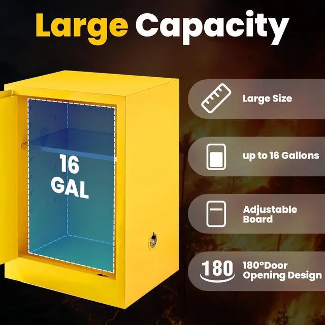 Alt view image 3 of 6 - 16 Gallon Flammable Storage Cabinet 18"x18"x23", Galvanized Steel, Flammable Safety Cabinet with Adjustable Shelf, for Industrial and Home Use, Yellow