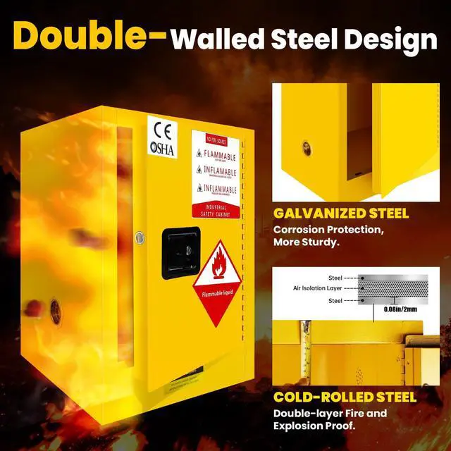 Alt view image 5 of 6 - 16 Gallon Flammable Storage Cabinet 18"x18"x23", Galvanized Steel, Flammable Safety Cabinet with Adjustable Shelf, for Industrial and Home Use, Yellow
