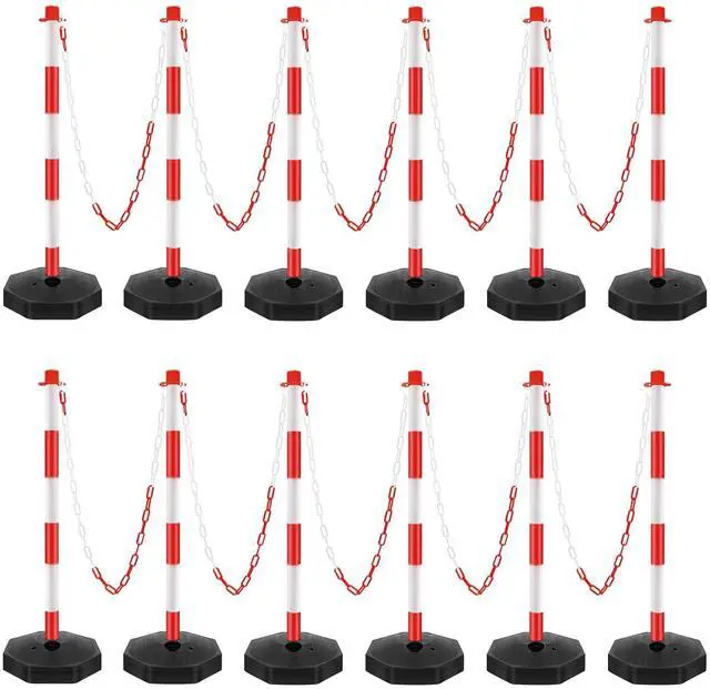 Main image of 12 Pack Traffic Delineator Post Cones, Plastic Stanchion Post Set with Fillable Base and 5.4 Ft Chains, Traffic Control Warning Parking Lot for Parking Lot Construction, garages (Red&White)