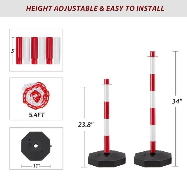 Alt view image 2 of 6 - 12 Pack Traffic Delineator Post Cones, Plastic Stanchion Post Set with Fillable Base and 5.4 Ft Chains, Traffic Control Warning Parking Lot for Parking Lot Construction, garages (Red&White)