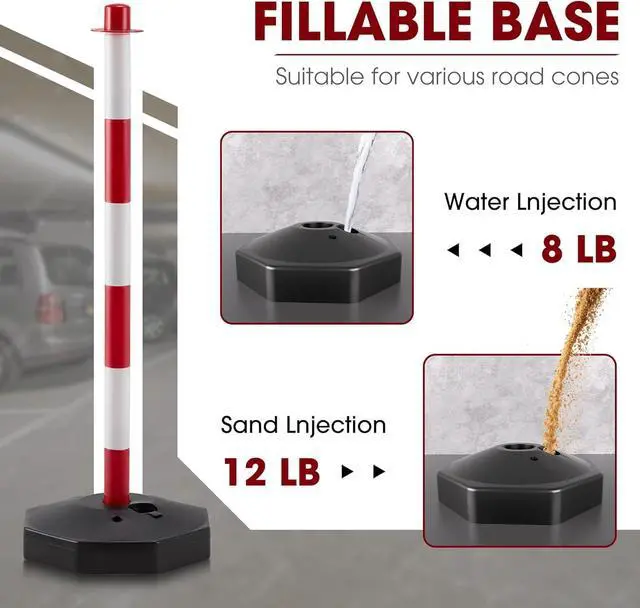 Alt view image 3 of 6 - 12 Pack Traffic Delineator Post Cones, Plastic Stanchion Post Set with Fillable Base and 5.4 Ft Chains, Traffic Control Warning Parking Lot for Parking Lot Construction, garages (Red&White)