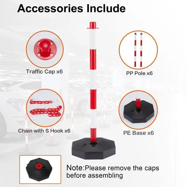 Alt view image 5 of 6 - 12 Pack Traffic Delineator Post Cones, Plastic Stanchion Post Set with Fillable Base and 5.4 Ft Chains, Traffic Control Warning Parking Lot for Parking Lot Construction, garages (Red&White)