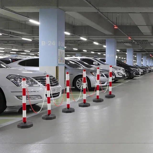Alt view image 6 of 6 - 12 Pack Traffic Delineator Post Cones, Plastic Stanchion Post Set with Fillable Base and 5.4 Ft Chains, Traffic Control Warning Parking Lot for Parking Lot Construction, garages (Red&White)