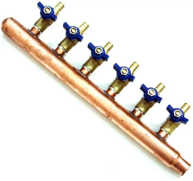Main image of PEX Plumbing Manifold 3/4" Male 1/2" Ball Valve, Close End, Barbed (6 Port, Sweat End)