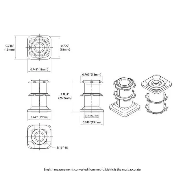 Alt view image 2 of 6 - Industries Double Star Threaded Caster Insert | Heat Treated Steel | Fits 3/4 Inch Square 16-18 Gauge Tube | Thread: 5/16-18 | 100 Pack