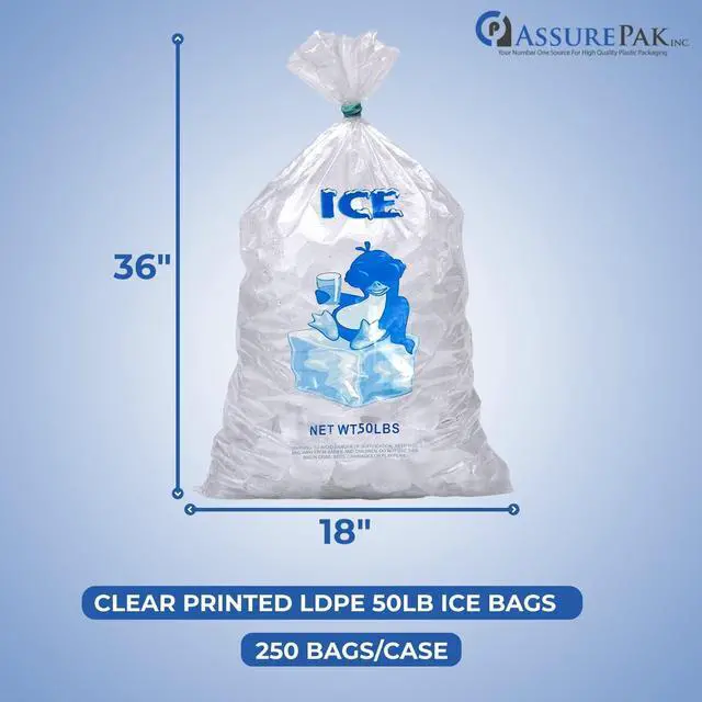 Alt view image 2 of 6 - 50LB Ice Bags 250 Bags - 18"x36" - 3.0 mil Commercial Use, Freezer Storage, Bag of Ice, Food-Grade Ice Packaging