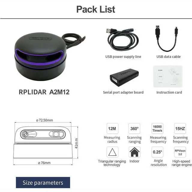 Alt view image 2 of 6 - Slamtec RPLIDAR A2M12 360 Degree 2D Lidar Sensor Kit, 15Hz Scan Rate and 12 Meters Distance Module for Intelligent Obstacle Avoidance/Robot/Maker Education
