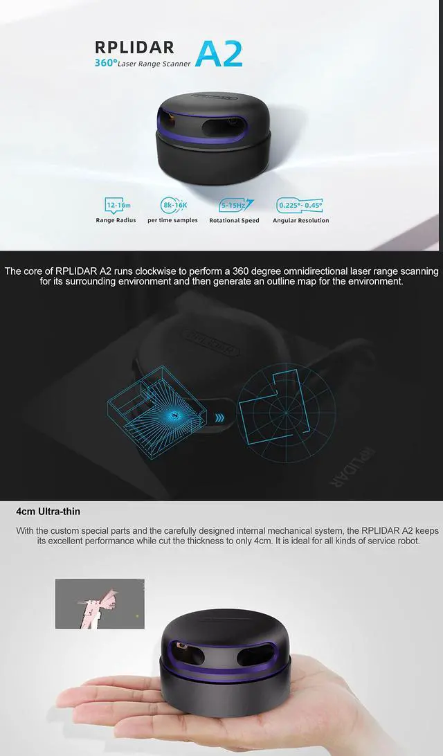 Alt view image 3 of 6 - Slamtec RPLIDAR A2M12 360 Degree 2D Lidar Sensor Kit, 15Hz Scan Rate and 12 Meters Distance Module for Intelligent Obstacle Avoidance/Robot/Maker Education