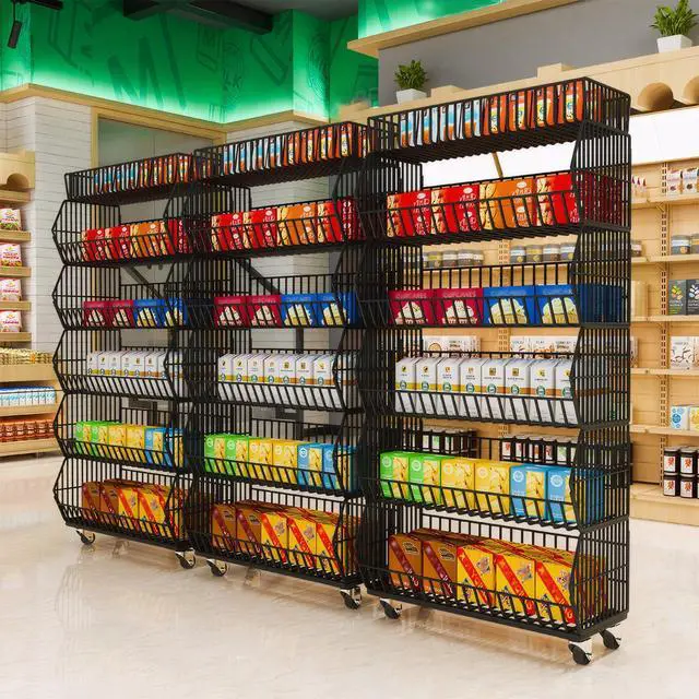Alt view image 2 of 6 - Commercial Supermarket Display Cart - 5-Tier Industrial Slanted Rolling Shelves Metal Storage Rack for Retail Store, Warehouse & Home Use, 66LBs/Tier Tool-Free Setup