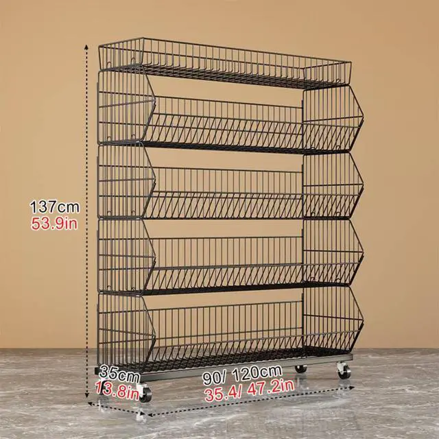 Alt view image 3 of 6 - Commercial Supermarket Display Cart - 5-Tier Industrial Slanted Rolling Shelves Metal Storage Rack for Retail Store, Warehouse & Home Use, 66LBs/Tier Tool-Free Setup
