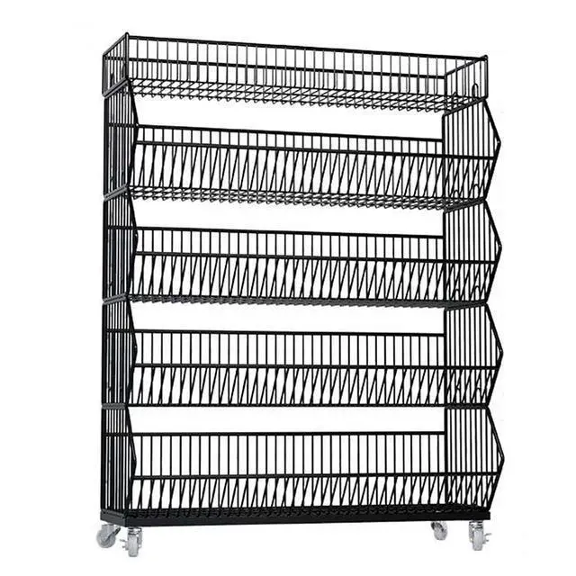 Alt view image 4 of 6 - Commercial Supermarket Display Cart - 5-Tier Industrial Slanted Rolling Shelves Metal Storage Rack for Retail Store, Warehouse & Home Use, 66LBs/Tier Tool-Free Setup