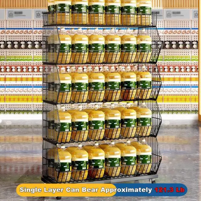 Alt view image 5 of 6 - Commercial Supermarket Display Cart - 5-Tier Industrial Slanted Rolling Shelves Metal Storage Rack for Retail Store, Warehouse & Home Use, 66LBs/Tier Tool-Free Setup