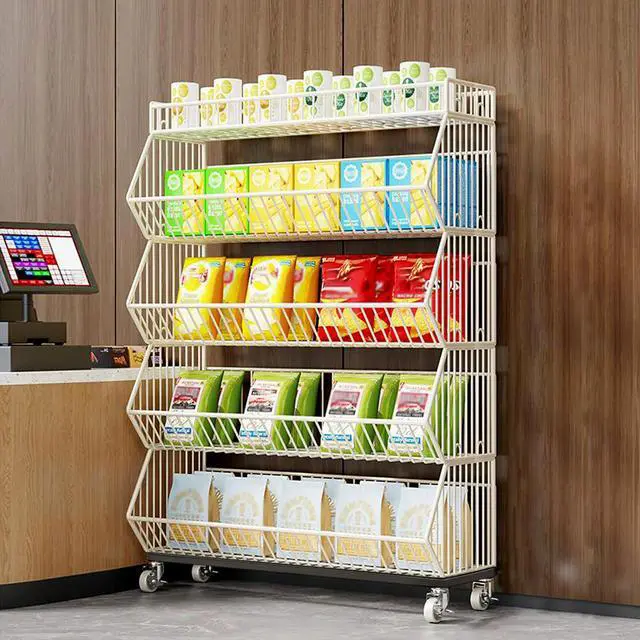 Alt view image 2 of 6 - Commercial Supermarket Display Cart - 5-Tier Industrial Slanted Rolling Shelves Metal Storage Rack for Retail Store, Warehouse & Home Use, 66LBs/Tier Tool-Free Setup