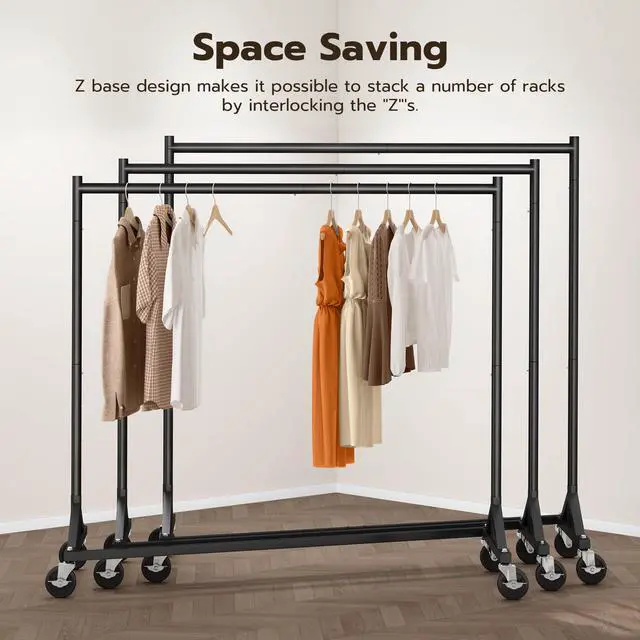 Alt view image 3 of 6 - Z Rack for Clothes Heavy Duty Clothing Rack Hold 500 LBS Commercial Garment Rack with Wheels Rolling Portable Clothes Rack for Bedroom, Laundry Room, Balcony 24"D x 63"W x 71"H, Black 2 Packs