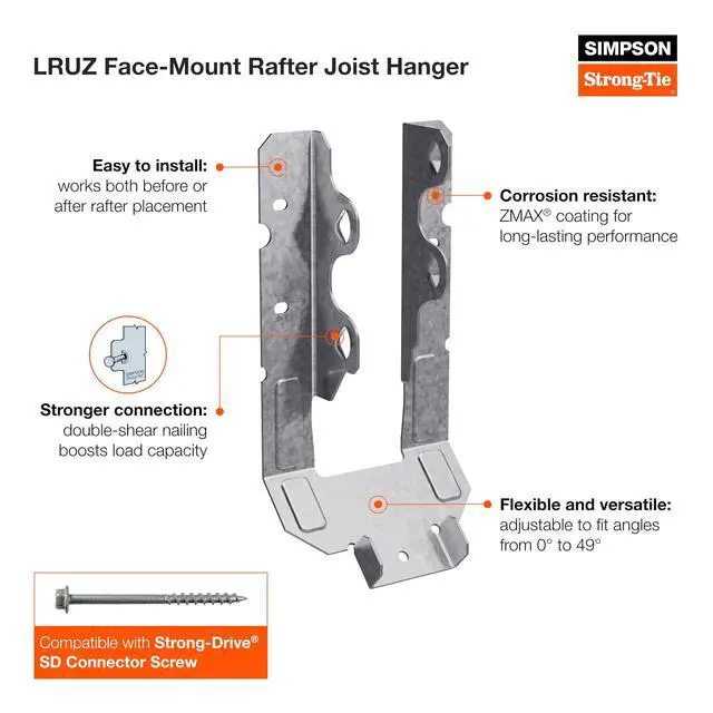 Alt view image 2 of 5 - Rafter Hanger LRU26Z - Adjustable Slope, Face-Mount, 18-Gauge Steel - Pack of 25
