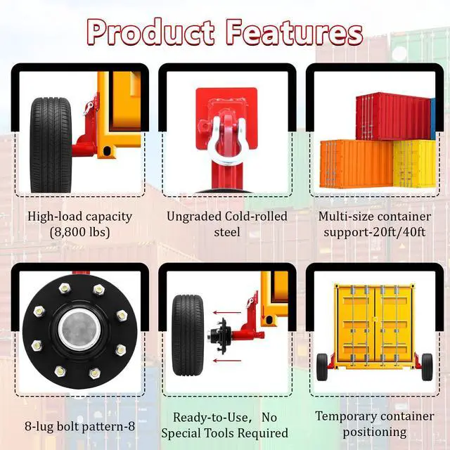 Alt view image 4 of 6 - Shipping Container Wheel Kit, Ratchet Straps & Shackles,Shipping Container Accessories,8-Lug Wheels with Heavy-Duty Axles,Heavy-Duty Mobility for 20ft & 40ft Empty Containers