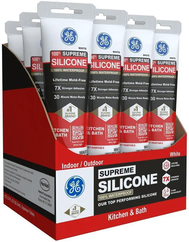 Main image of Supreme Silicone Caulk for Kitchen & Bathroom, White, 2.8 fl oz Tube, 12 Pack - 100% Waterproof Silicone Sealant, 7X Stronr Adhesion, Shrink & Crack Proof