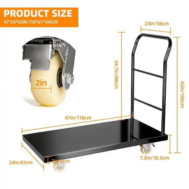 Alt view image 2 of 6 - Heavy Duty Platform Truck Moving Flatbed Cart 47 x 24Push Dolly, 3500 lbs Capacity Steel Flatbed Cart, Flat cart with Wheels and Handle, for Luggage Moving, Shopping Groceries, Garage, Warehouse