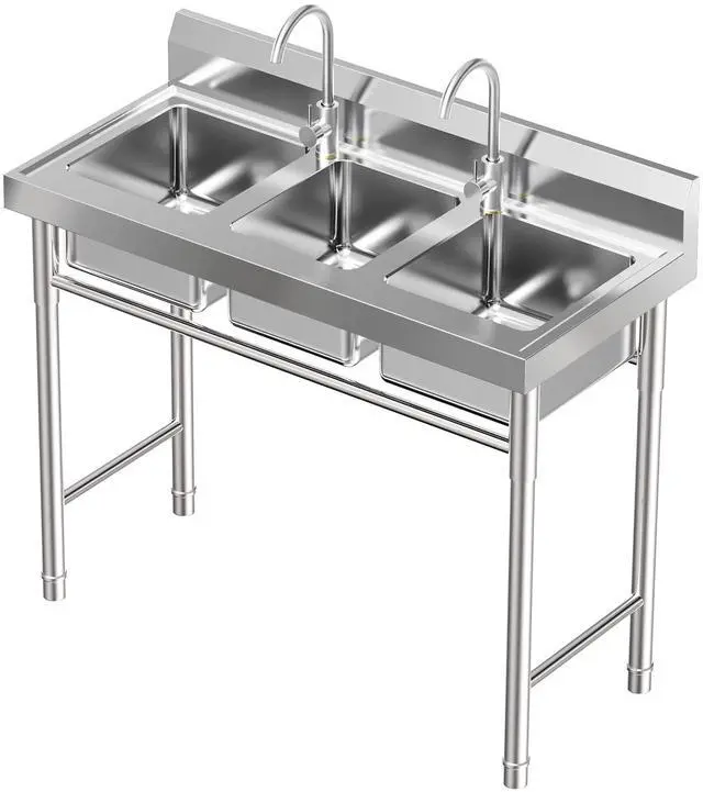 Main image of 3 Compartment Sink, 304 Stainless Steel Utility Sink Freestanding Kitchen Sinks Commercial Sinks with 2 Faucet & Cold and Hot Water Pipe Suitable for Food Truck Restaurant, 39'' × 18'' × 36''