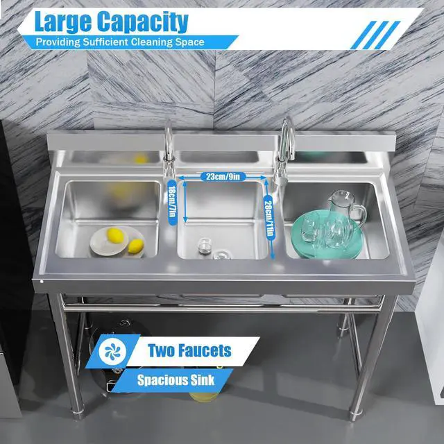 Alt view image 3 of 6 - 3 Compartment Sink, 304 Stainless Steel Utility Sink Freestanding Kitchen Sinks Commercial Sinks with 2 Faucet & Cold and Hot Water Pipe Suitable for Food Truck Restaurant, 39'' × 18'' × 36''