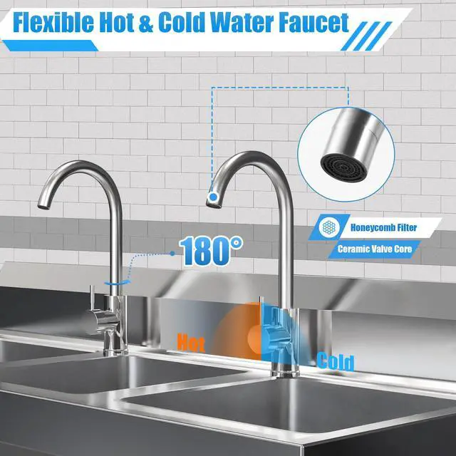 Alt view image 4 of 6 - 3 Compartment Sink, 304 Stainless Steel Utility Sink Freestanding Kitchen Sinks Commercial Sinks with 2 Faucet & Cold and Hot Water Pipe Suitable for Food Truck Restaurant, 39'' × 18'' × 36''