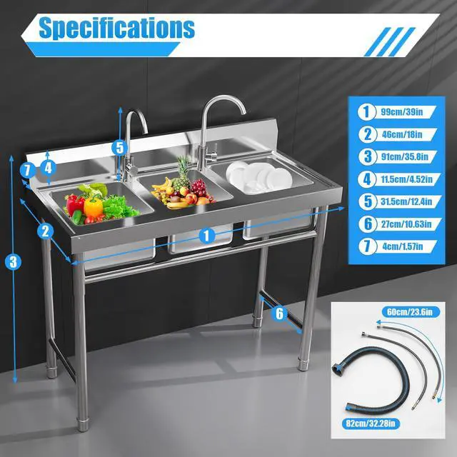 Alt view image 6 of 6 - 3 Compartment Sink, 304 Stainless Steel Utility Sink Freestanding Kitchen Sinks Commercial Sinks with 2 Faucet & Cold and Hot Water Pipe Suitable for Food Truck Restaurant, 39'' × 18'' × 36''