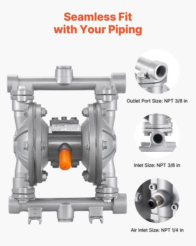 Alt view image 5 of 6 - Air Operated Double Diaphragm Pump, 6.6 GPM, 3/8 inch Inlet & Outlet Pneumatic Waste Oil Transfer Pump, Max 100 PSI, Aluminum Alloy Body, Air-Operated for Diesel, Grease, Kerosene, Gasoline