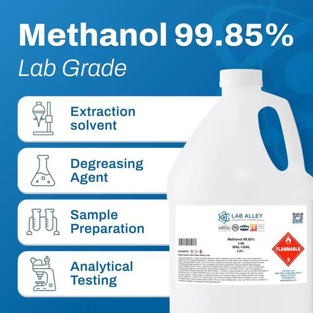 Alt view image 2 of 6 - Methanol 99.85% Lab Grade Solvent, Polar Solvent for Laboratory, Industrial & Research Use, 4 Gallons (Pack of 4 x 1 Gallon Bottles)