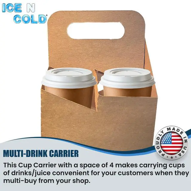 Alt view image 3 of 6 - 4 Cup Kraft Cardboard Beverage Carrier (Pack of 225) - Durable Drink Carriers for Hot or Cold Beverages - Perfect for Food Delivery Service, Door Dash, Uber Eats, or Any On-The-Go Dining Needs