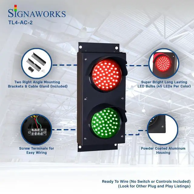 Alt view image 6 of 6 - LED 2 Light Red/Green LED Loading Dock Bay Traffic Light 4 inch Diameter Lens, 110/220 VAC, Mounting Brackets, Industrial Stop Go Light, Ready to Wire (Power Cord and Controls NOT Included)