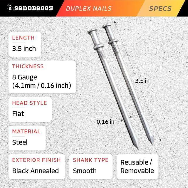Alt view image 2 of 6 - 16d Duplex Nails (3.5" Long) - Temporary Construction, Concrete Forms, Scaffolding - 8 Gauge Steel - Smooth Shank, Flat Head - Removable/Reusable (2000)