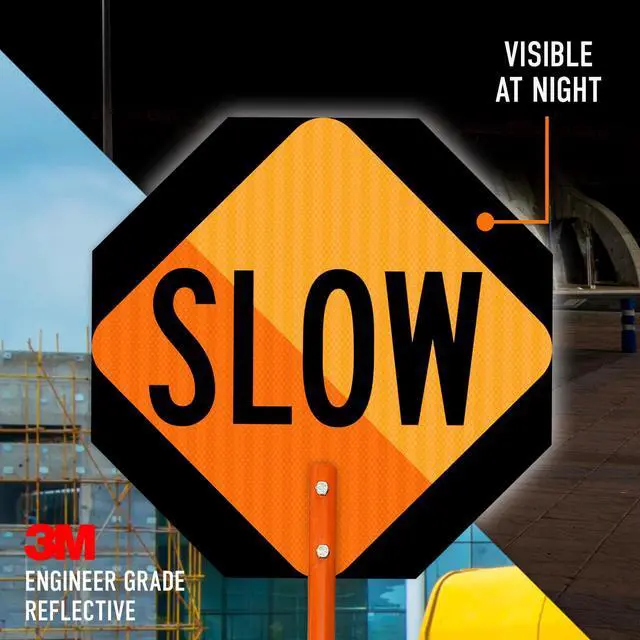 Alt view image 3 of 5 - Handheld Stop/Slow Crosswalk Warning Double-Sided Sign, | 24x24 Inches, 3M EGP Reflective Aluminum Long Post, Made in USA by
