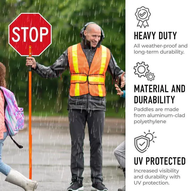 Alt view image 4 of 5 - Handheld Stop/Slow Crosswalk Warning Double-Sided Sign, | 24x24 Inches, 3M EGP Reflective Aluminum Long Post, Made in USA by