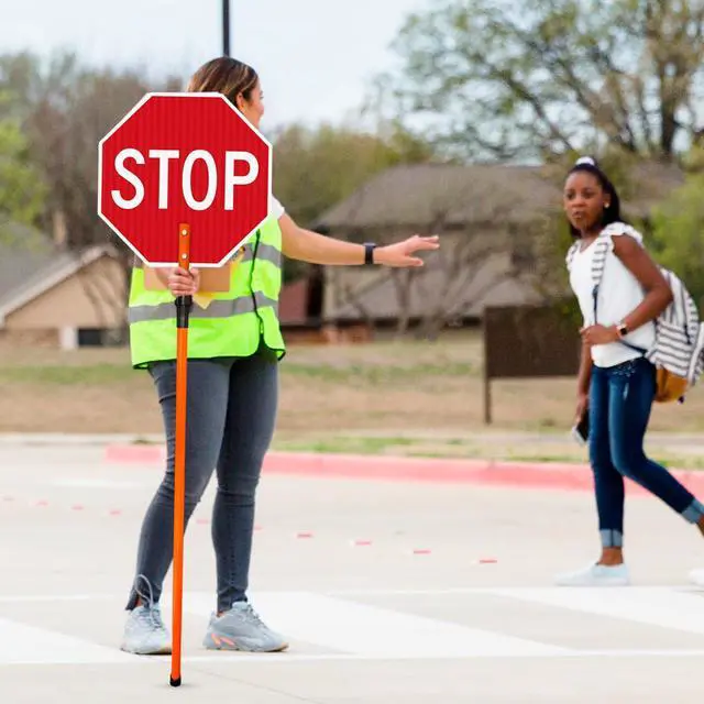Alt view image 5 of 5 - Handheld Stop/Slow Crosswalk Warning Double-Sided Sign, | 24x24 Inches, 3M EGP Reflective Aluminum Long Post, Made in USA by