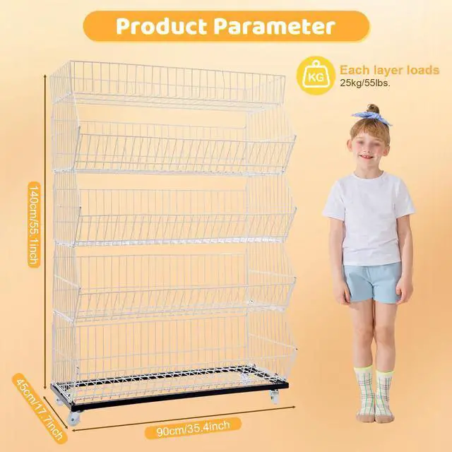Alt view image 3 of 6 - Retail Display Rack 5-Tier Market Merchandise Display Shelf Fruit Storage Shelf Vegetable Snack Basket Retail Store Supplies with Wheels for Home Store Market (18" D X 35" W X 55" H-White)